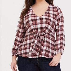 Torrid Georgette Red Plaid Tie-Front Long Sleeve Blouse Shirt Plus Sz 2 (2X)
